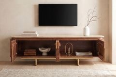 Design TV-Board GATSBY 160cm braun gold Mangoholz mit Travertin Metallgestell