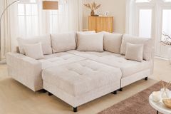 Modernes Ecksofa KENT 220cm champagner beige Chenille Cremona Federkern Wohnlandschaft mit Hocker