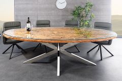 Massiver Esstisch BARRACUDA 220cm braun Teakholz silber Sterngestell Glasplatte