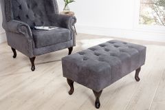 Edler Chesterfield Fußhocker antik grau Microfaser mit Knopfheftung und Nietenbesatz