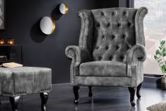 Design Ohrensessel CHESTERFIELD 105cm grau Samt silber Nieten