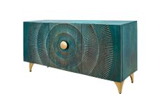 Handgearbeitetes Sideboard GOLDEN SUNSET 140cm türkis mit 3D Schnitzereien gold Mangoholz Metallbeine