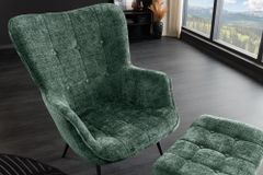 Design Sessel SCANDINAVIA grün Chenille Cremona schwarz Metall mit Armlehne