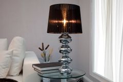 Elegante Design Tischlampe MIA 60cm silber Tischleuchte Stoffschirm