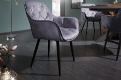 Design Stuhl MILANO grau Samt mit Armlehne Ziersteppung gepolstert schwarze Metallbeine