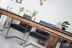Massiver Esstisch BARRACUDA 180cm antik Teak Holz mit Stahl Kufenfüßen inkl. Glasplatte
