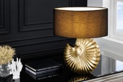 Design Tischlampe SHELL 60cm gold schwarz Metall Stoffschirm maritim