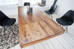 Massiver Holz Esstisch PURE 120-200cm braun Sheesham stone finish mit Ansteckplatten