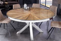 Runder Esstisch BARRACUDA 120cm braun Teak Massivholz Glasplatte silber Edelstahl verchromt