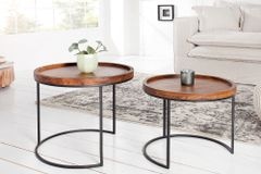 Rundes 2er Set Beistelltische ELEMENTS 55cm Akazie stone finish Metall schwarz