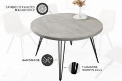 Runder Esstisch SCORPION 80cm grau Mangoholz massiv schwarze Metallbeine Hairpin Legs