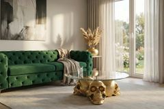 Design Couchtisch SKULL XXL 90cm gold rund Glasplatte Metall Totenkopf handmade