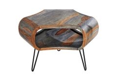 Retro Couchtisch ORGANIC LIVING 70cm grau Sheesham Massivholz mit Stauraum Hairpin Legs