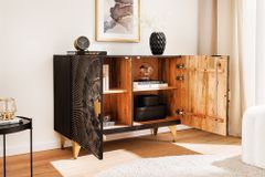 Massives Sideboard GOLDEN SUNSET 100cm schwarz Mangoholz 3D Schnitzerei gold Metall