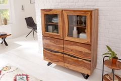 Massives Highboard AMAZONAS 140cm braun Sheeshamholz Vitrine mit Baumkante