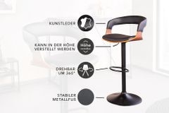 Retro Barhocker MANHATTAN schwarz Kunstleder Walnussholz drehbar höhenverstellbar