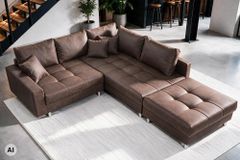 Modernes Ecksofa KENT 220cm braun Federkern Wohnlandschaft inkl. Hocker und Kissen