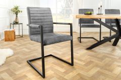 Industrial Freischwinger Stuhl LOFT vintage grau Microfaser mit Armlehne Eisengestell