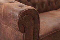 Design Ecksofa CHESTERFIELD 270cm antik braun Microfaser Federkern Ottomane links Vintage