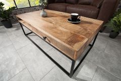 Massiver Couchtisch IRON CRAFT 100cm Mangoholz mit Schublade schwarzes Metallgestell