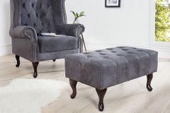 Edler Chesterfield Fußhocker antik grau Microfaser mit Knopfheftung und Nietenbesatz