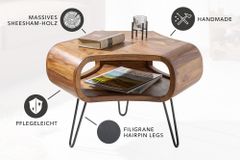 Retro Couchtisch ORGANIC LIVING 70cm braun Sheesham Massivholz stone finish Stauraum