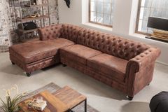 Design Ecksofa CHESTERFIELD 270cm antik braun Microfaser Federkern Ottomane links Vintage