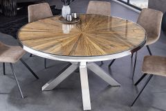 Runder Esstisch BARRACUDA 120cm braun Teak Massivholz Glasplatte silber Edelstahl verchromt