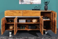 Massivholz Sideboard MAMMUT 170cm Akazie Baumkante mit Schubladen Kufengestell Edelstahl