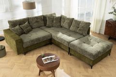 Ecksofa KENT 220cm grün Bicolor Chenille Federkern inkl. Hocker und Kissen