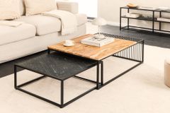 2er Set Couchtische ARCHITECTURE 90cm natur Akazienholz schwarz Steinfurnier Metall