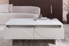 Design Couchtisch SAVOY 120cm kaschmir weiß Keramik Marmor mit Schubladen