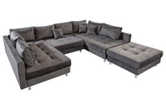 Moderne XXL Wohnlandschaft KENT 305cm grau Samt Bigsofa inkl. Hocker Federkern