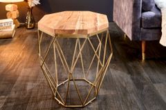 Abstrakter Beistelltisch DIAMOND 50cm natur Akazie Massivholz messing Metallgestell
