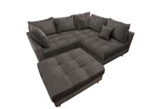 Moderne Wohnlandschaft KENT 220cm grau Samt Ecksofa Federkern inkl. Hocker und Kissen
