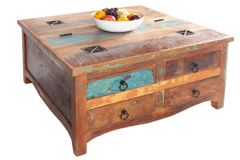 Massiver Couchtisch JAKARTA 70cm bunt Truhe aus recycelten Fischerbooten Holz mit Schubladen
