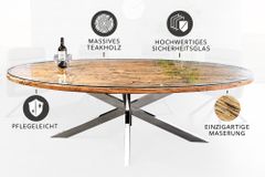 Massiver Esstisch BARRACUDA 220cm braun Teakholz silber Sterngestell Glasplatte