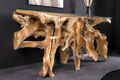 Massiver Konsolentisch ROOT 150cm natur Teak Massivholz aus Wurzelholz Glasplatte