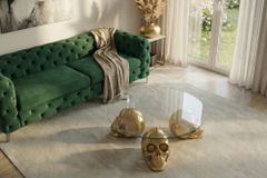 Design Couchtisch SKULL XXL 90cm gold rund Glasplatte Metall Totenkopf handmade