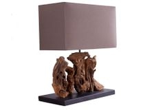 Handgefertigte Tischlampe ARAGON 50cm braun Treibholz-Fuß mit Leinenschirm