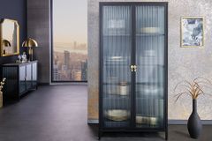 Moderne Vitrine AMSTERDAM 160cm schwarz gold Riffelglas Metall Highboard Schrank