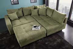 Modernes Ecksofa KENT 220cm grün Cord inkl. Hocker Federkern L-Form Wohnlandschaft