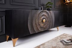Handgearbeitetes Sideboard GOLDEN SUNSET 180cm schwarz mit 3D Schnitzereien gold Mangoholz Metallbeine