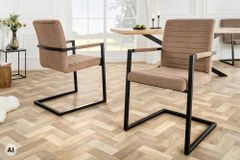 Industrial Freischwinger LOFT taupe Cord schwarz Eisen mit Armlehne