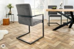 Industrial Freischwinger LOFT grau Cord schwarz Eisen mit Armlehne