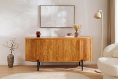 Massives Sideboard GATSBY 160cm natur Mangoholz schwarz Metall mit Lamellenfront