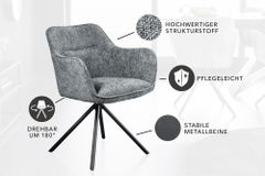Drehbarer Stuhl VERONA grau Strukturstoff mit Armlehne Metallbeine schwarz