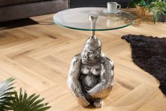 Runder Beistelltisch KONG 50cm silber Metall Glas Affenfigur Gorilla Skulptur