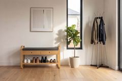 Stilvolle Schuhbank ZEN-BO 100cm natur grau Bambus Regal Sitzbank mit Schubladen