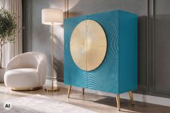 Massives Highboard AURUM 120cm türkis Mangoholz mit ikonischem Gold-Element